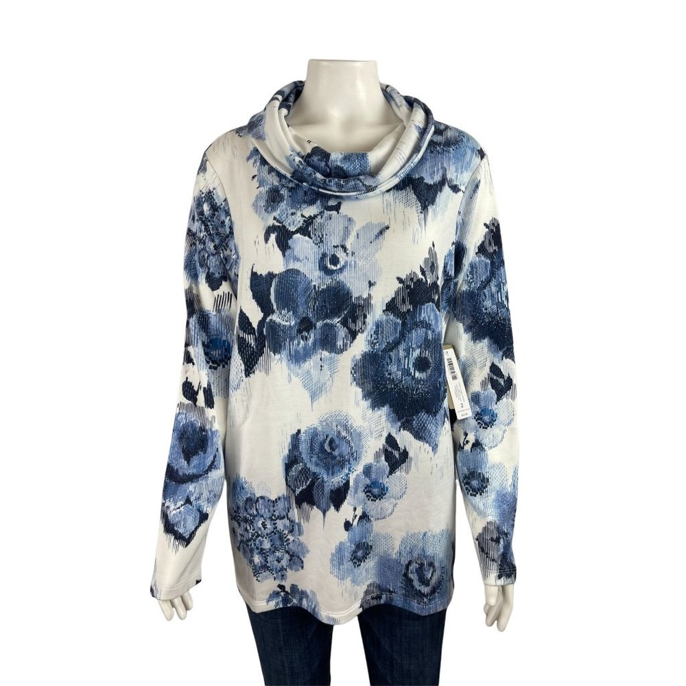 Chico's Cowl Neck Tunic 2 Large NWT Blue Floral Paradise Long Sleeve Shirt CoziS